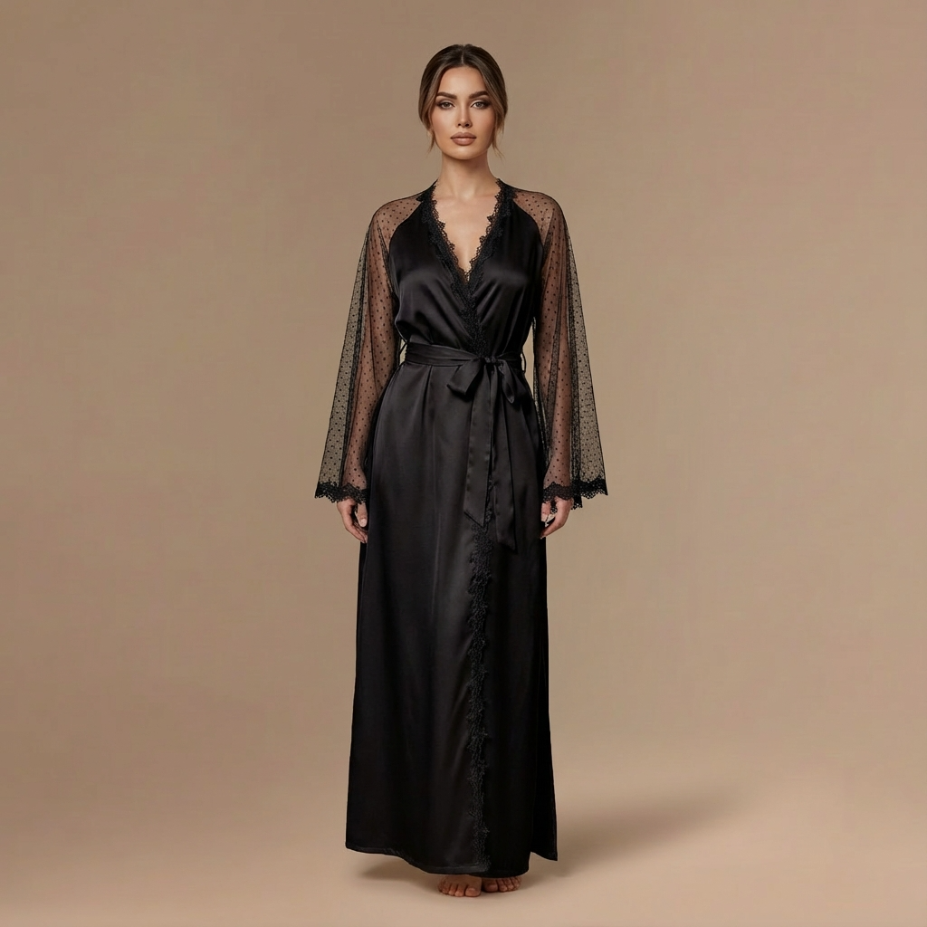 Peignoir Satin Manche en Maille – Femme