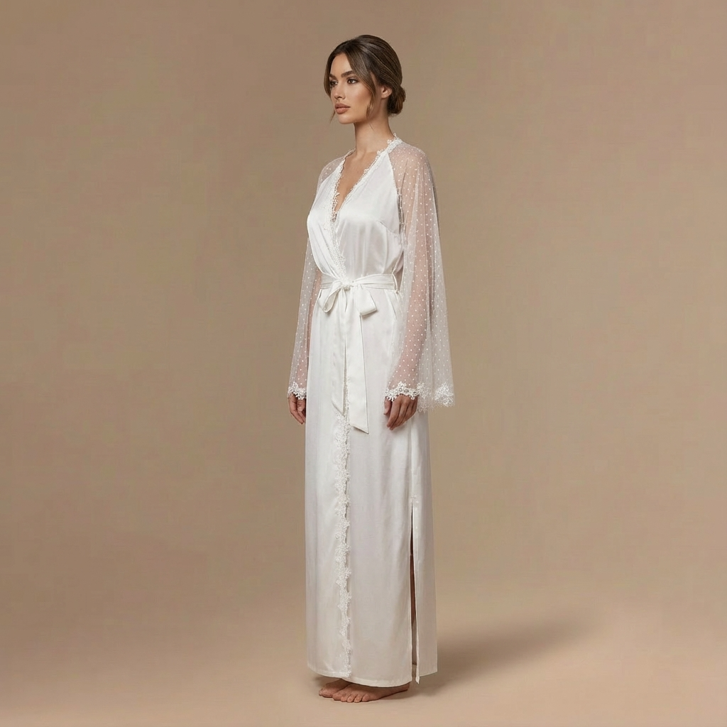 Peignoir Satin Manche en Maille – Femme